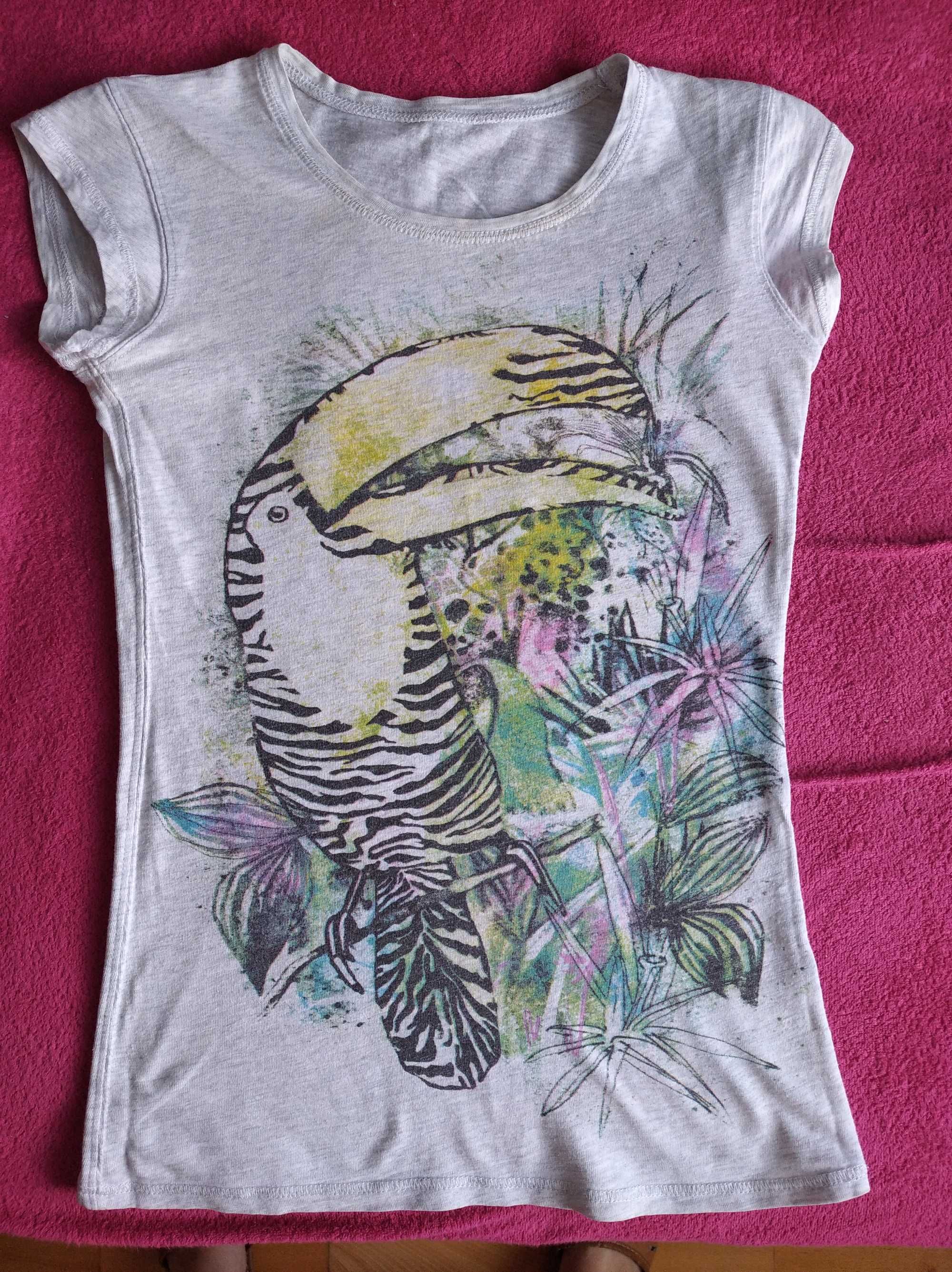 Bluzka XS t-shirt reserved tukan ptak z nadrukiem biała