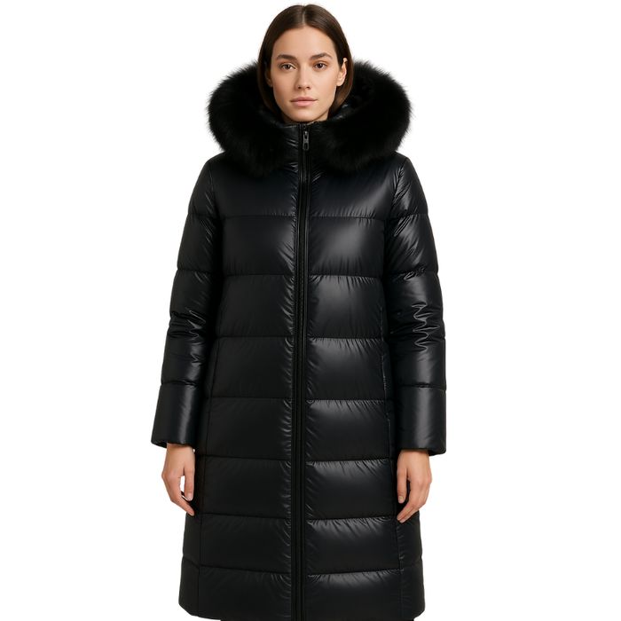 Czarny damski płaszcz z futerkiem L