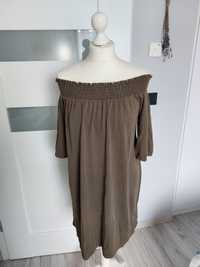 Bawełniana sukienka khaki Reserved M 38 odkryte ramiona oversize
