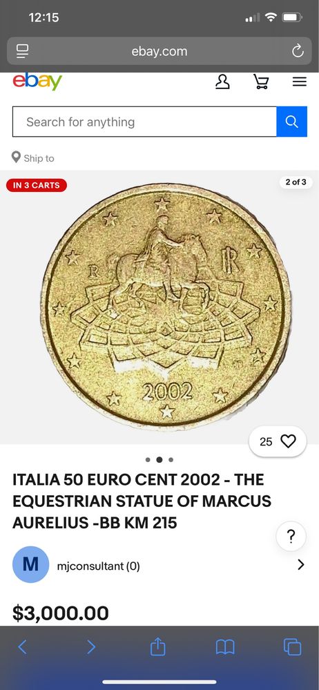 Рідкінсна монета 50 EURO Centt 2002 Italia Кінна статуя Марка Аврелія