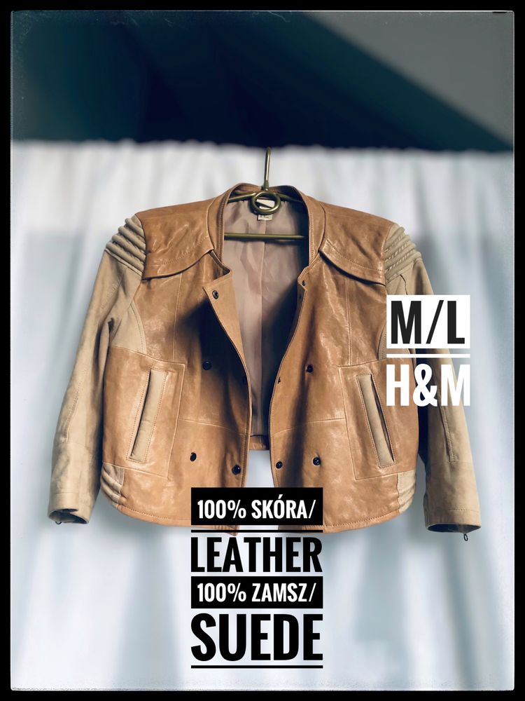 129. H&M M brązowa/beżowa skórzana krótka kurtka. Motocyklowa