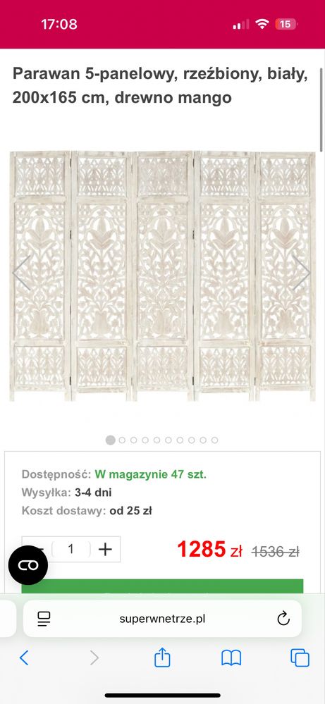 Parawan 3 panelowy, rzeźbiony, biały, drewno mango