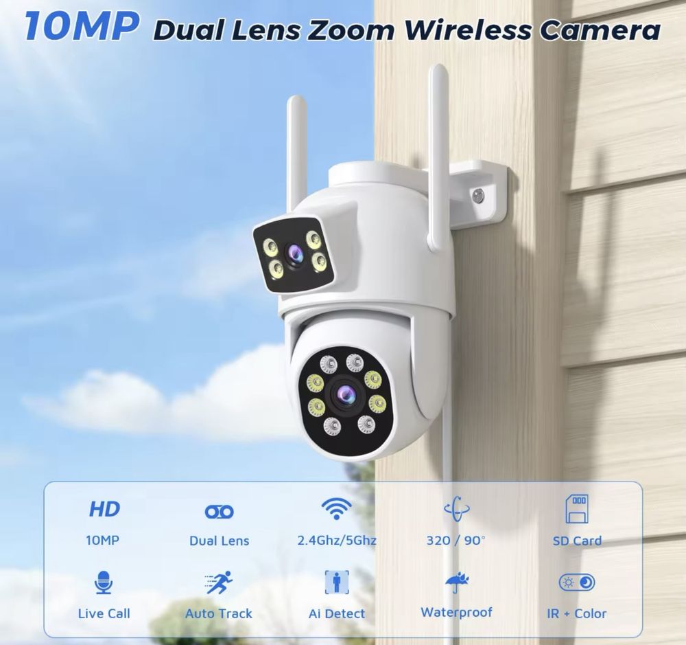 Podwójna kamera zewnętrzna obrotowa WiFi 10MP do monitoringu alarm