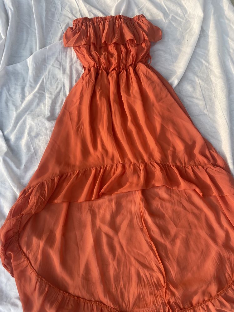 Sukienka z dłuższym tyłem pomarańczowa S 36 bez ramiączek paradise