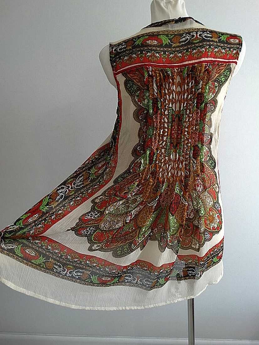 Tunika Plażowa Beżowa Zwiewna Piękny Orientalny Nadruk L