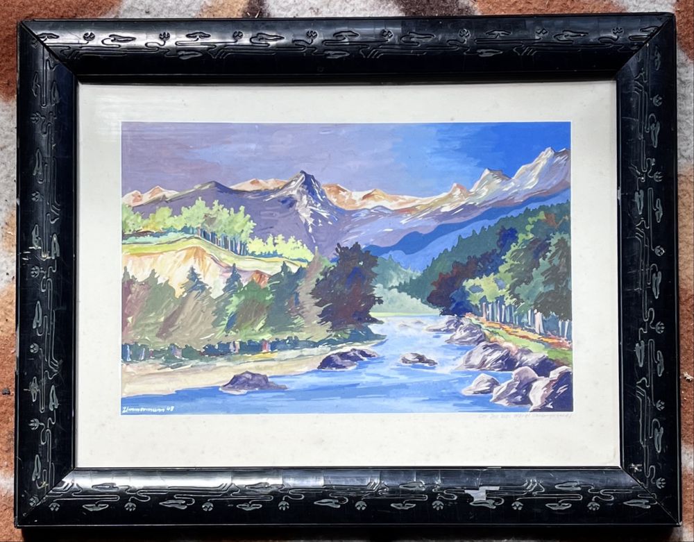 Akwarela - pejzaż alpejski - Erich Zimmermann 1943r - 48x37