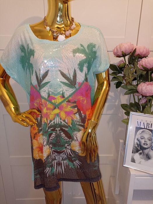 Cekinowa tunika H&M w kwiaty turkus Rozmiar S/M/L