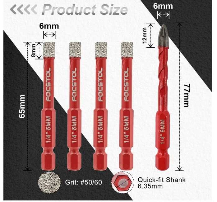 Zestaw 5 otwornic diamentowych do gresu 6mm FOCSTOL