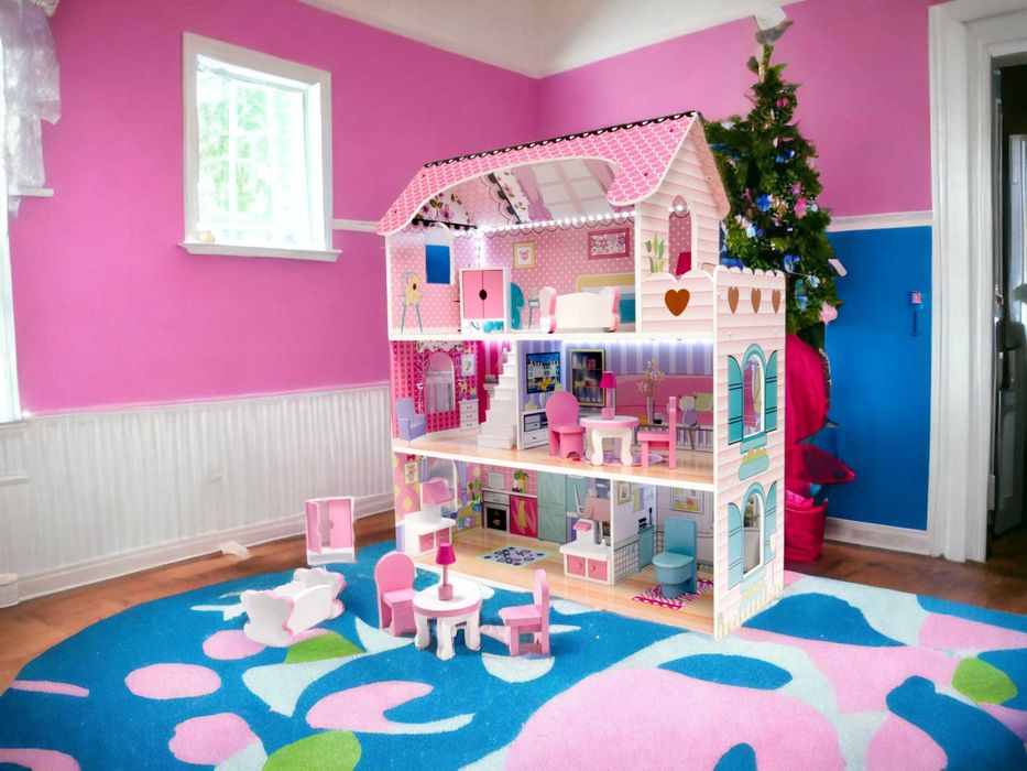 Duży drewniany domek dla lalek barbie willa led