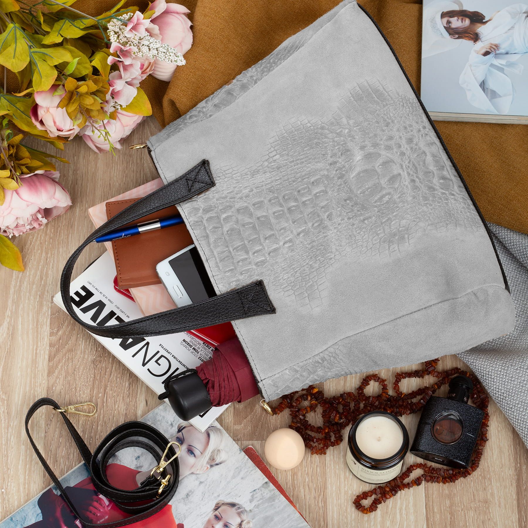 VERA PELLE torebka zamszowa shopper kroko z paskiem V543 j.szara