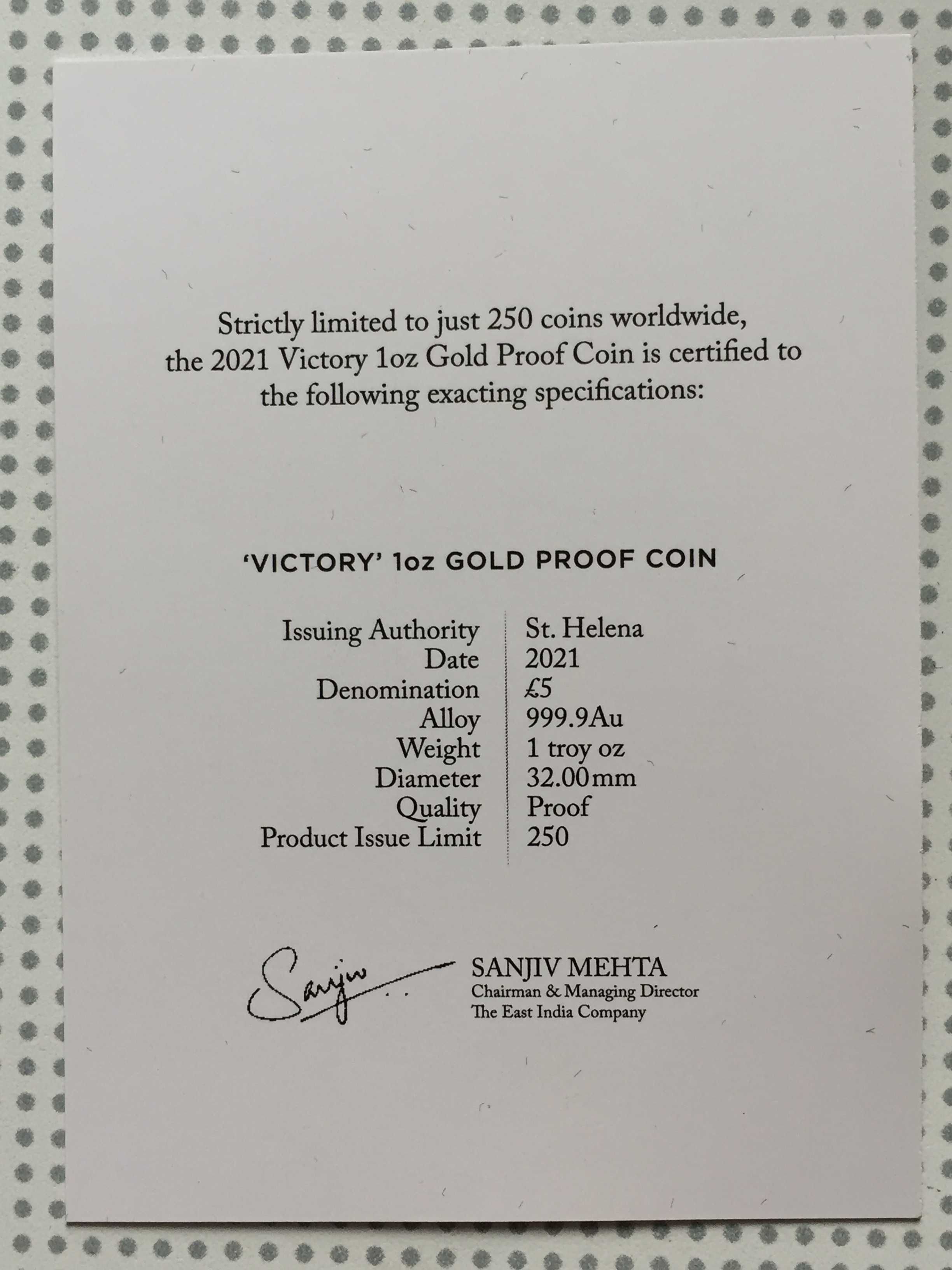Монета золото  Victory St. Helena 1 унция золота PP 2021 тираж 250 шт.