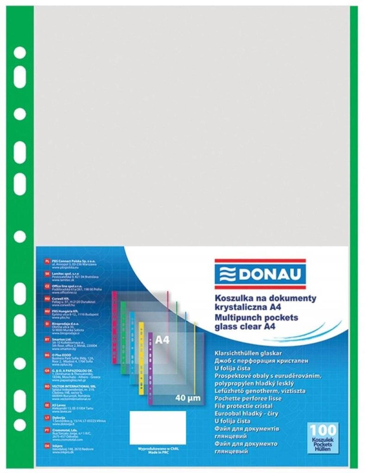 Koszulki PP A4 krystal 40mikr brzeg zielony 100szt Donau folia,245x312
