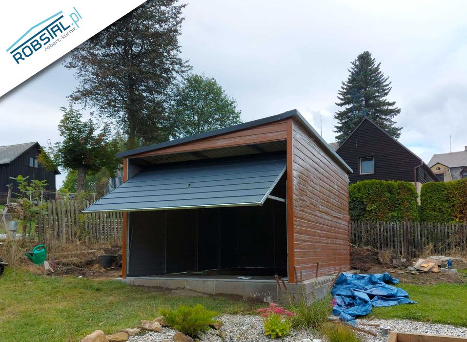 Garaż Blaszany 3x5m Spad na Lewo, Blacha Drewnopodobna, Darmowy Montaż