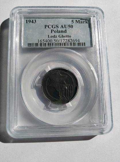 Getto w Łodzi 5 marek 1943 magnez skrętka rzadkość PCGS AU 50.Okazja.