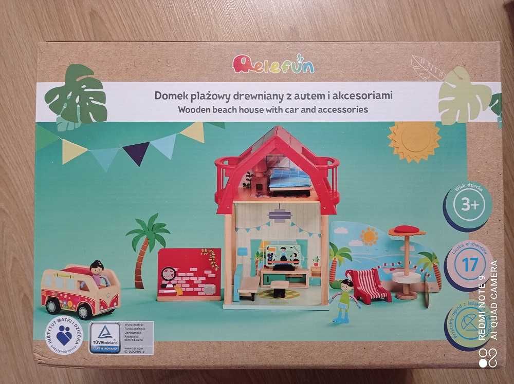 Zestaw DOMEK PLAŻOWY drewniany auto i akcesoria ELEFUN