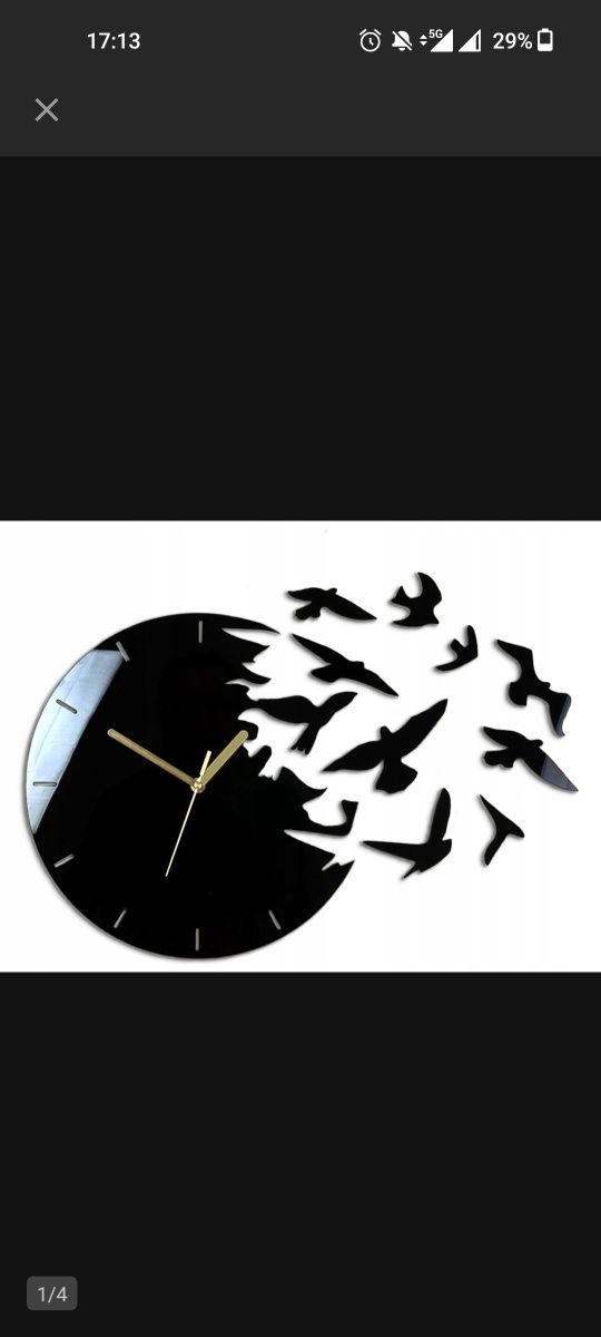 Zegar ścienny czarny złoty ptaki