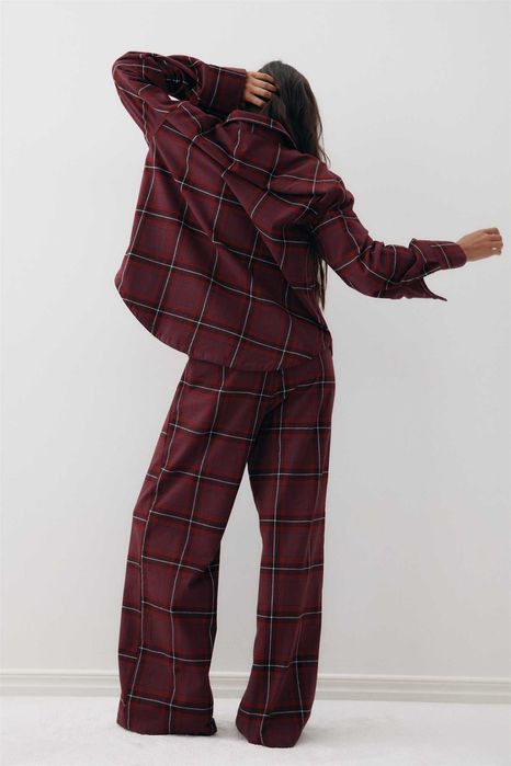 Piżama bawełniana flanela Koszula ze Spodniami S NOWA Ko krata burgund