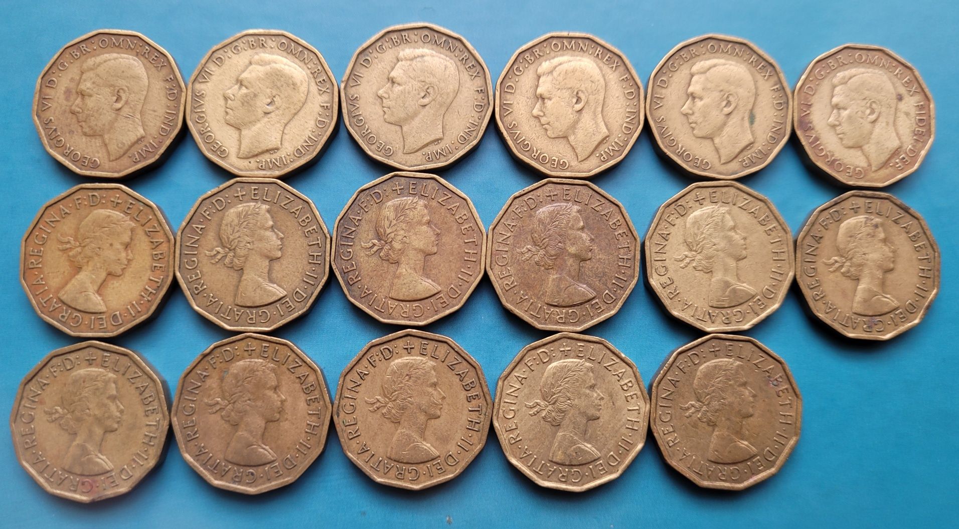 Zestaw monet 3 pensy - Jerzy VI - Elizabeth II - Wielka Brytania (3W)