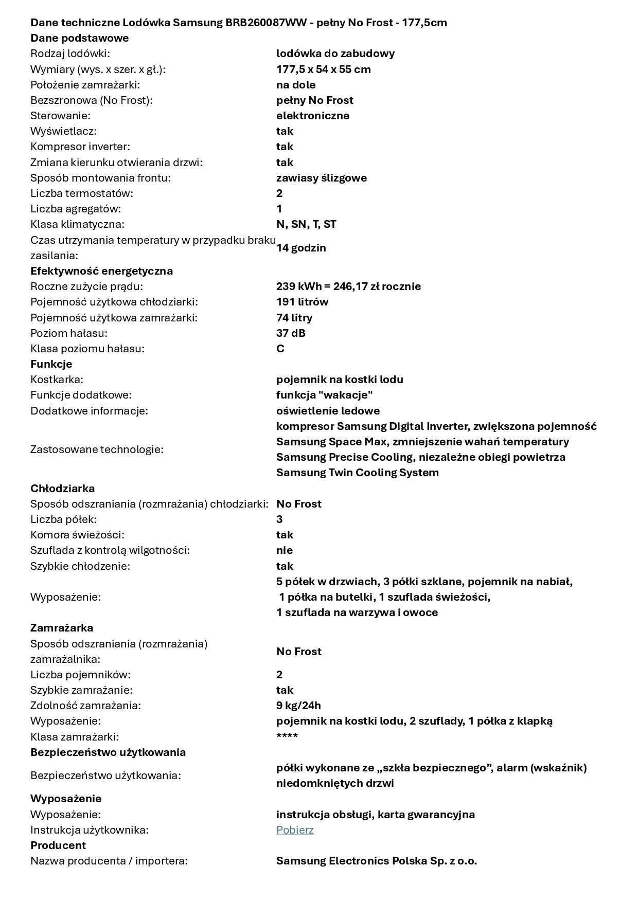 SAMSUNG BRB260087WW pełny No Frost - 177,5cm