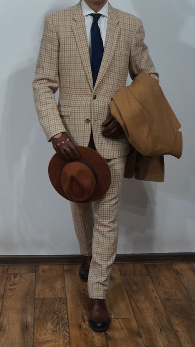 Garnitur Asos Rozmiar 48 Kolor Beżowy Krata