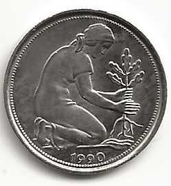 50 Pfennig 1990 J, Alemanha Ocidental