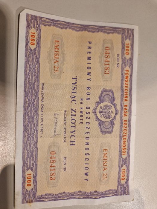 Premiowy bon oszczędnościowy tysiac złotych 1971