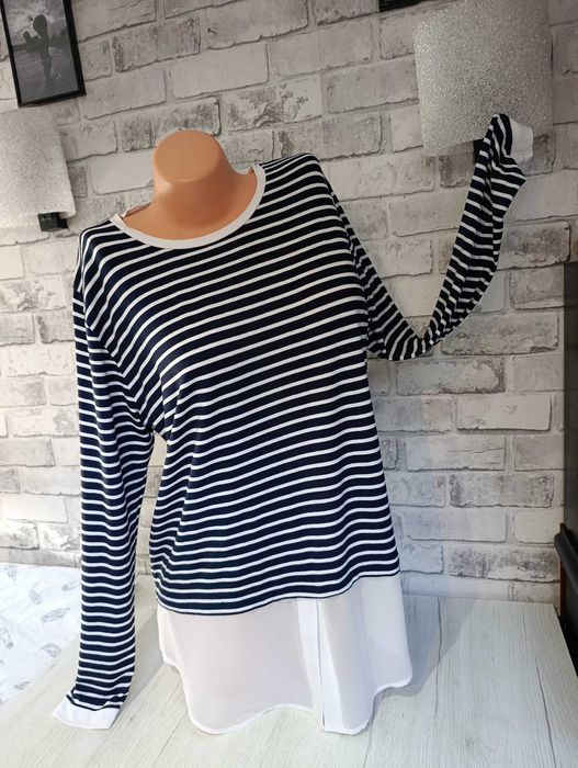 elegancka bluzka paski paseczki długim rękawem granatowa białe pasy L