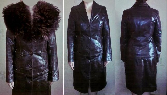 Пальто-куртка трансформер из натуральной кожи с шикарным мехом енота