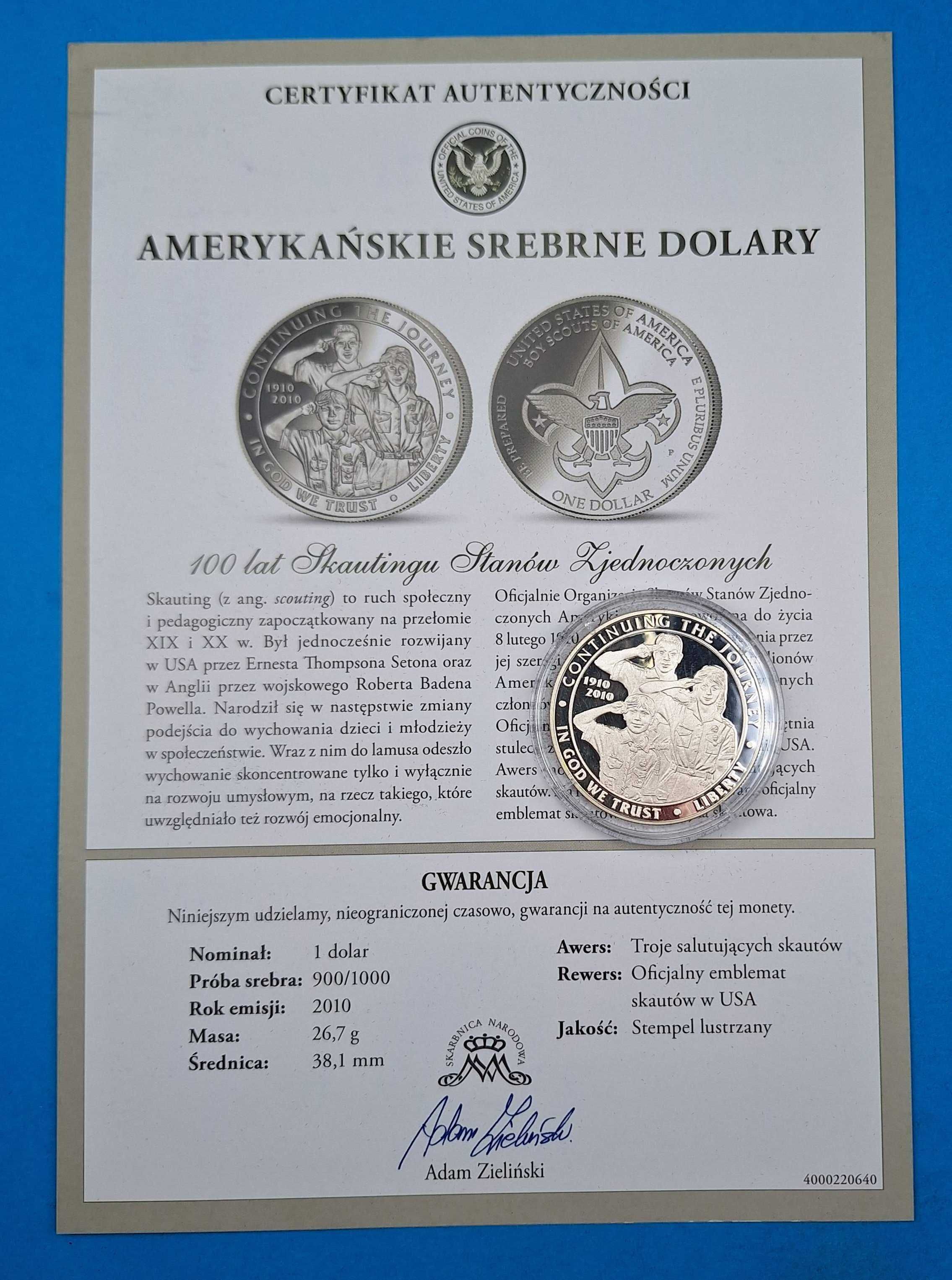 USA 1 dolar 2010, 100 lat skautingu w USA, CERTYFIKAT, srebro 0,900