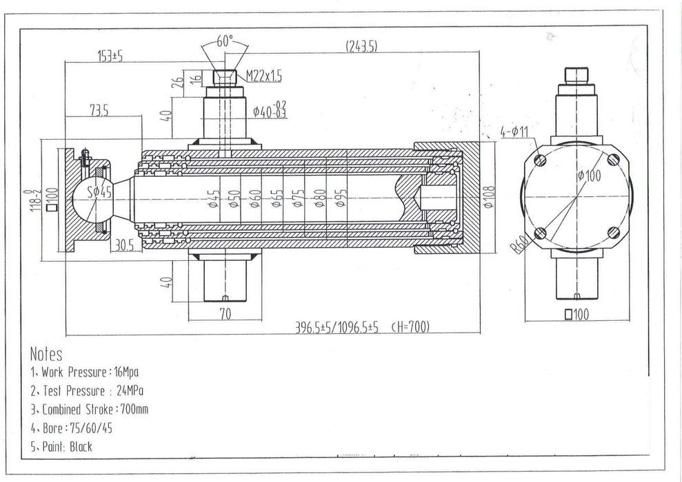 Siłownik do przyczepy/wywrotki 4,5 Ton, skok 700mm