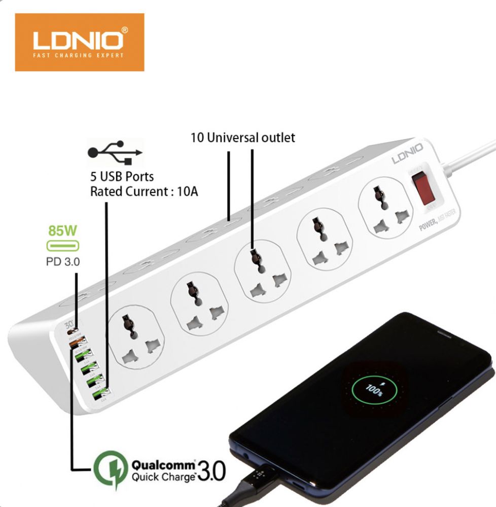 Удлинитель Ldnio SC10610 сетевой фильтр QC зарядка 10 220 + 5 USB 2м
