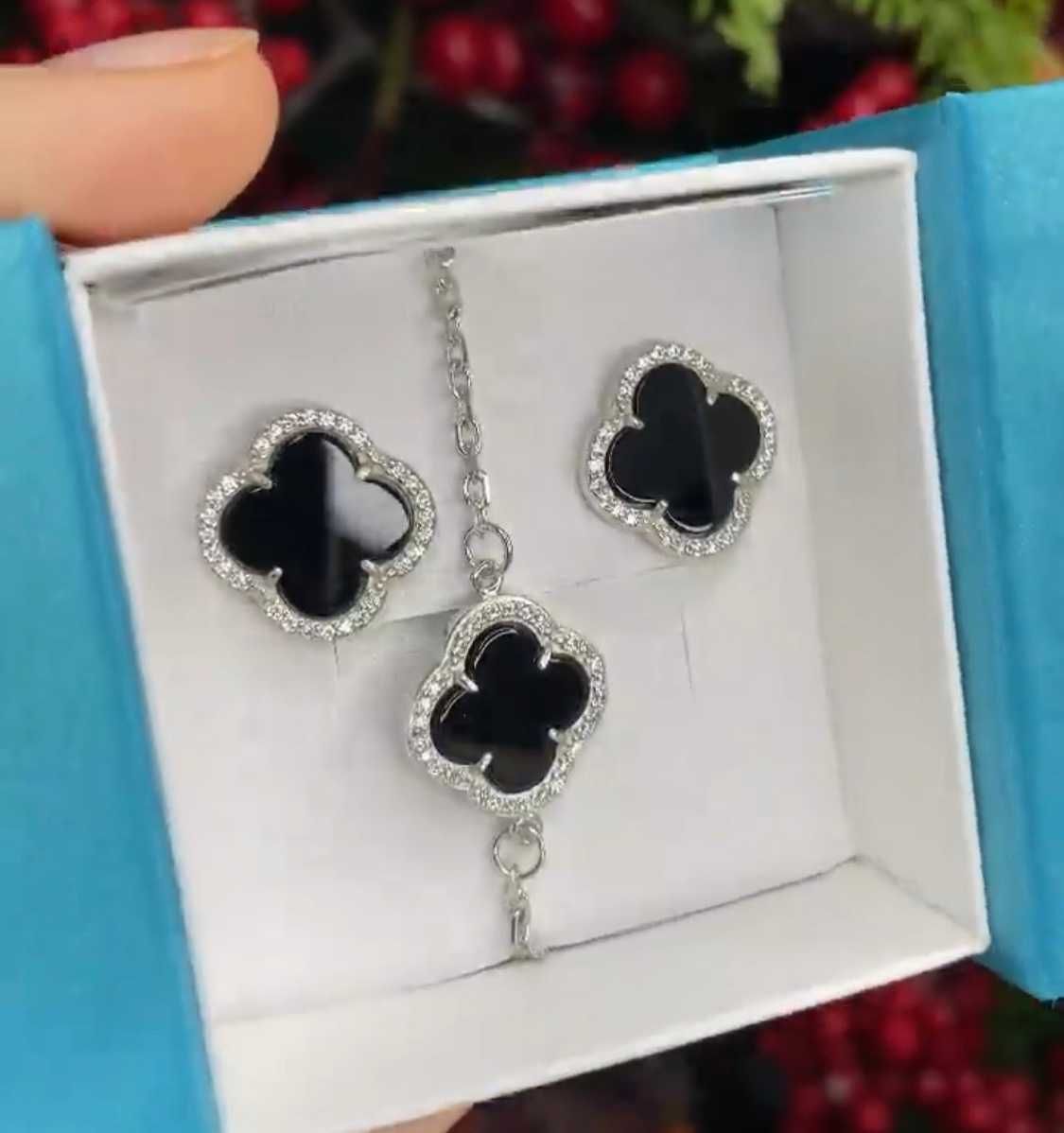 сережки комплект Van Cleef з малахітом 925 проба Ван Клиф