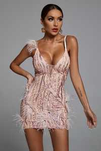 Nowa rozowa sukienka z piorkami rozmiar S mini dekolt V