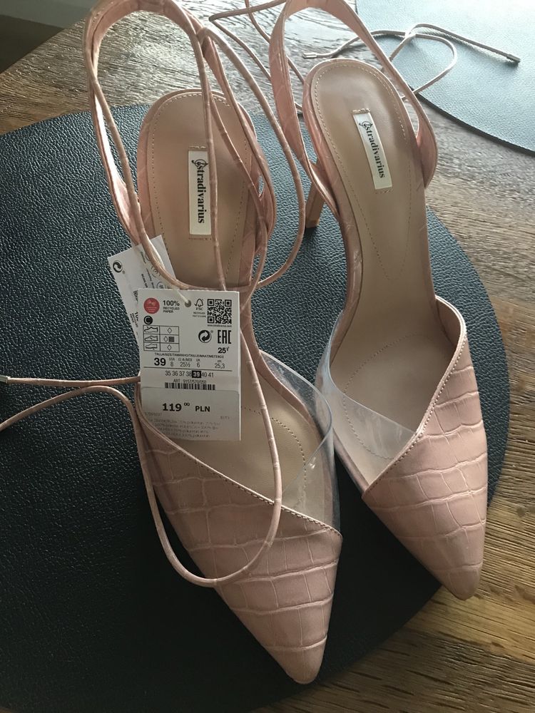 Nowe buty stradivarius 39, wezowe, rozowe, transparentne, wiazane