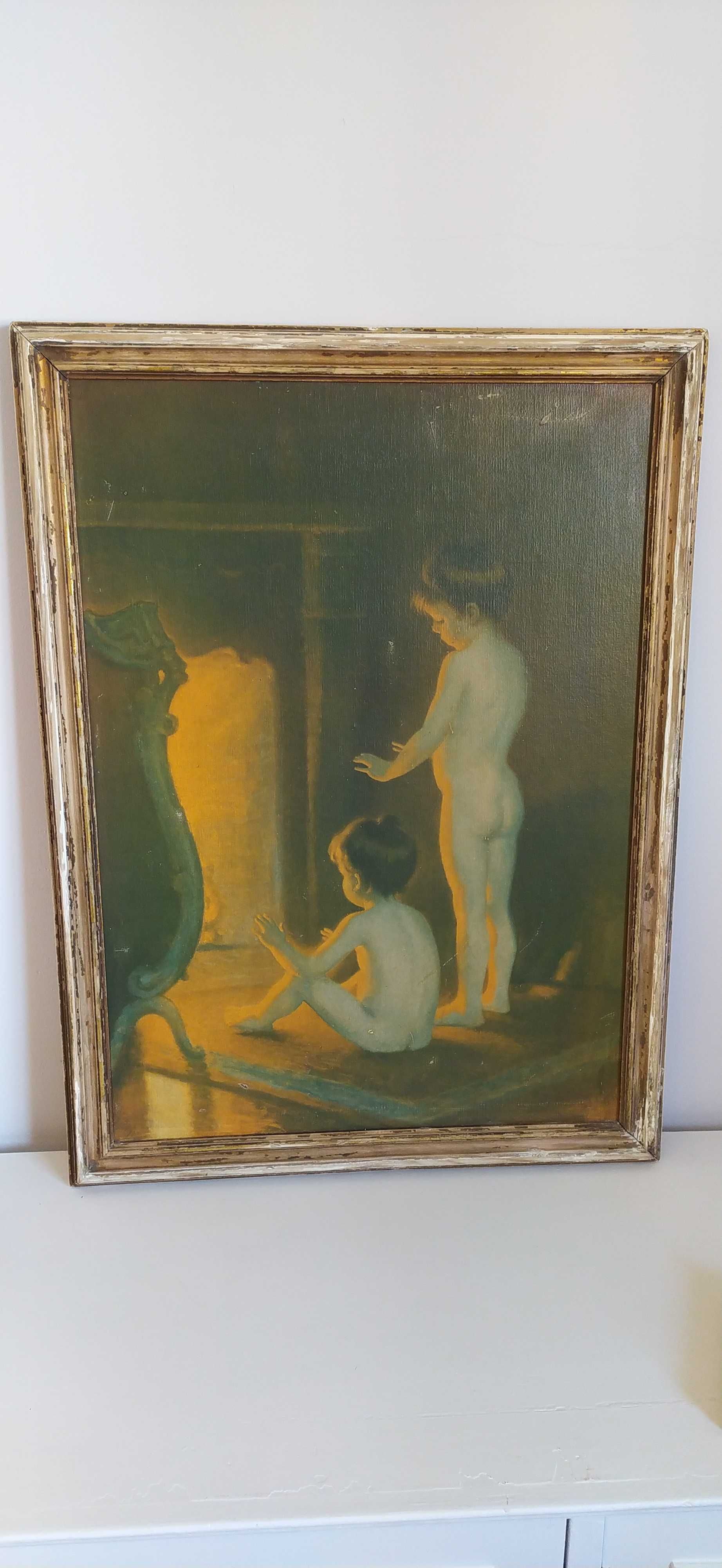 Quadro antigo "Meninas à Lareira"