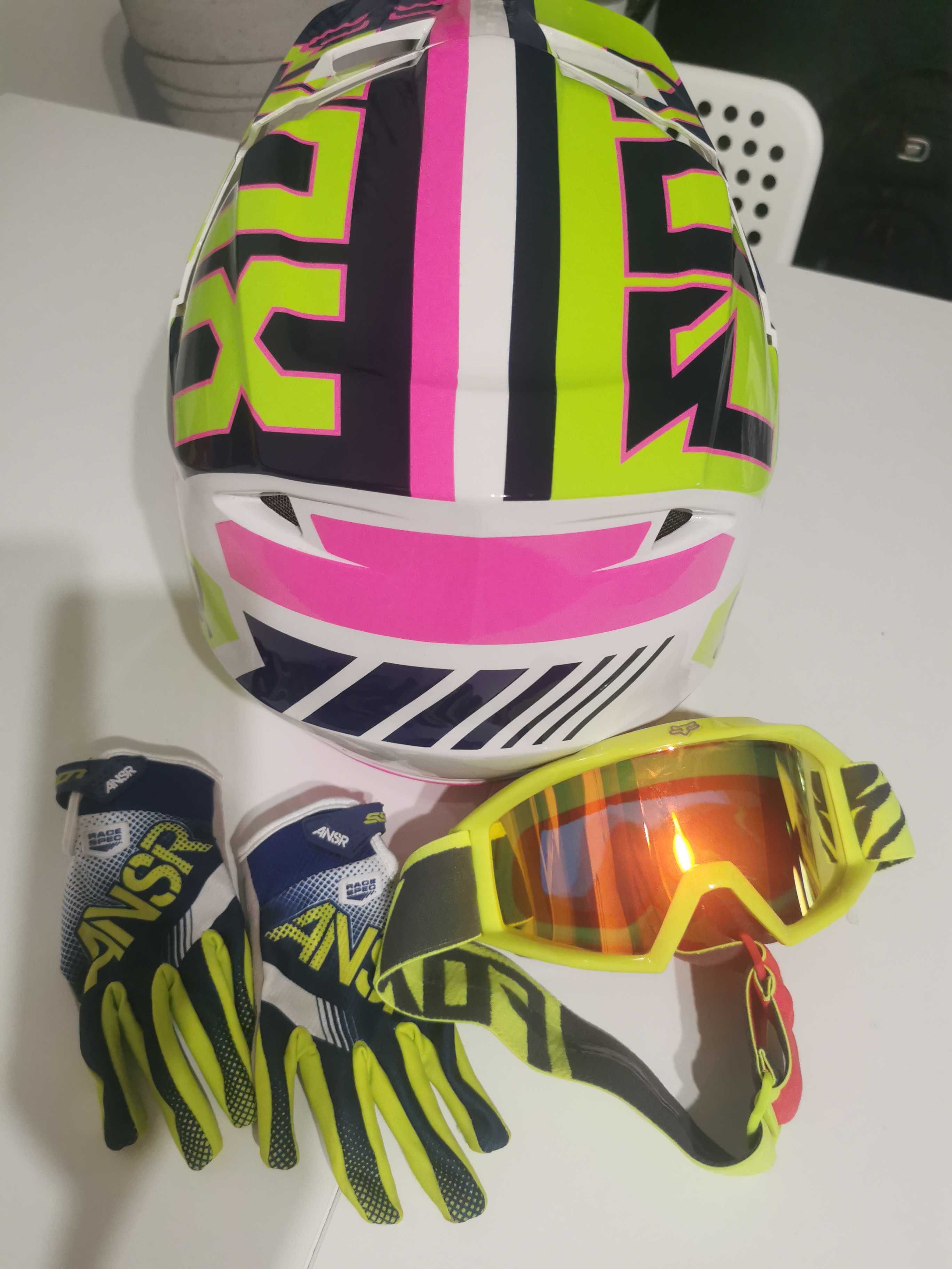 Kask Vox V1 junior motokrosowy r. S, gogle Fox i rękawice XS