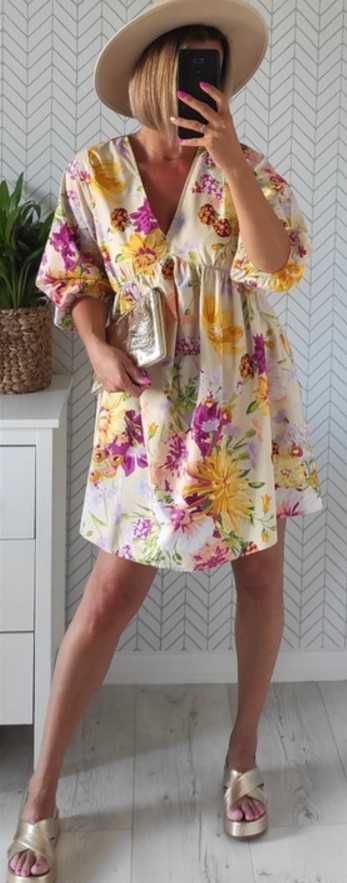 H&M sliczna bawelniana kolorowa tunika sukienka w kwiaty S