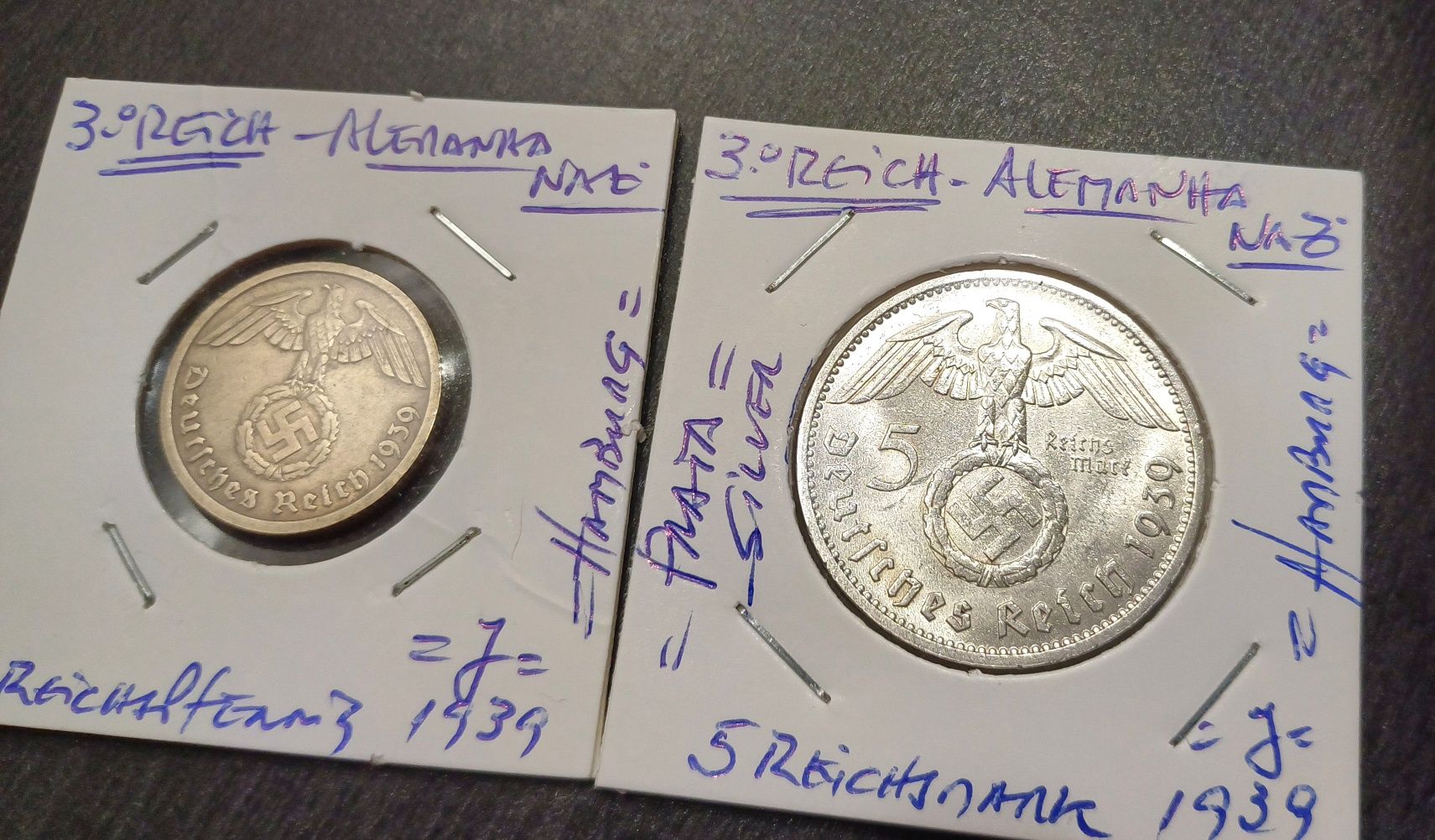 10 reichspfennig e 5 reichsmark Prata Alemanha nazi-suástica ORIGINAIS