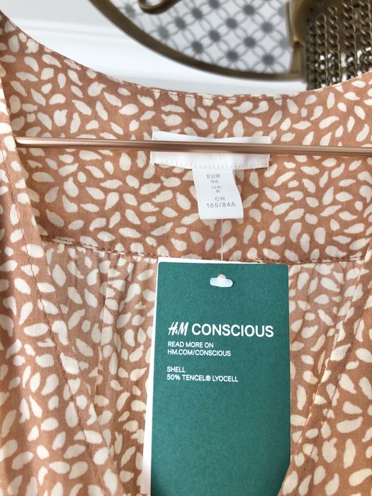 H&M bluzka falbana falbanka top beżowy dots cielisty białe plamki S