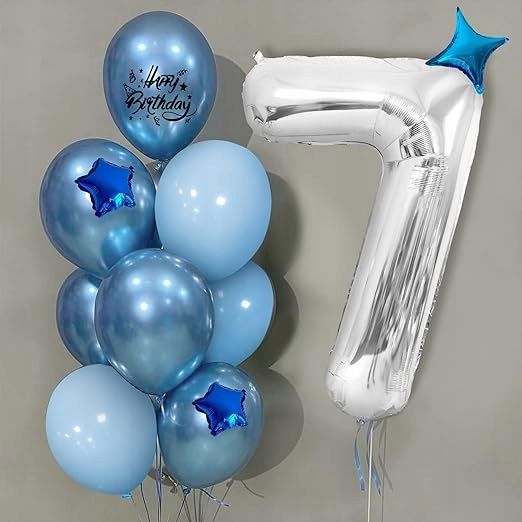 Zestaw balonów na 7 urodziny niebieski srebrny cyfra 7 100cm