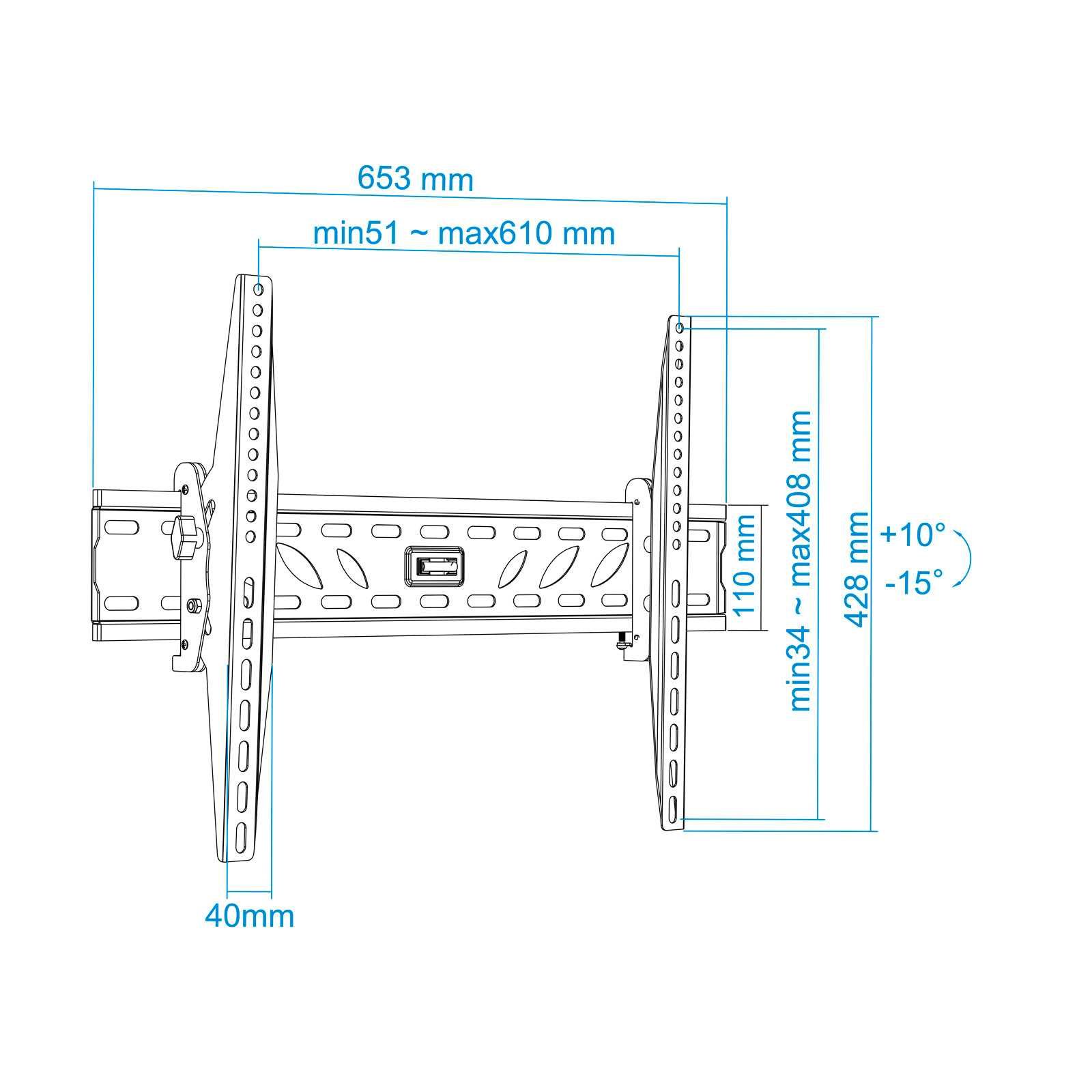 Suporte de Parede para TV 37" a 70", inclinável, Máx. 50kg Preto, NOVO