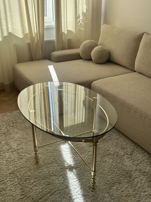 Stolik kawowy, ława, stolik, stół, vintage retro złoty chrom, szklany