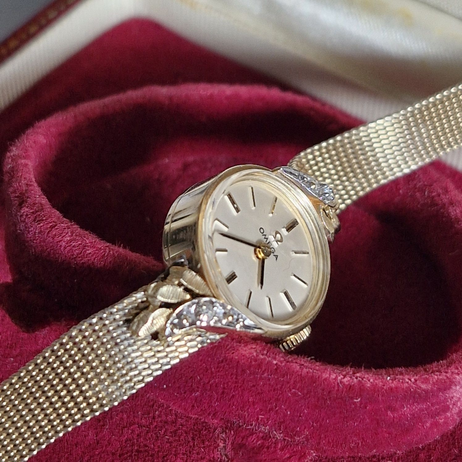 Retro złoty 14k zegarek damski Omega diamenty bransoletka 18 cm