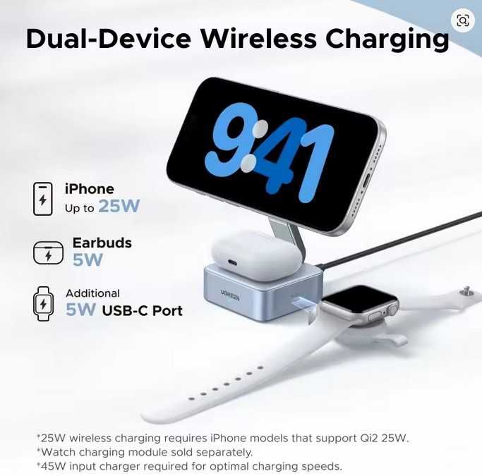UGREEN MFi 2-in-1 Magsafe Charger Qi2.2 25W. Новинка для 16-17 iphone