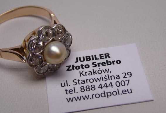 Złoty pierścionek diamenty i perła markiza.