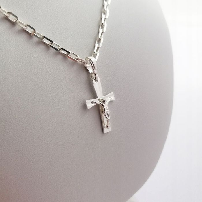 Elegancki Srebrny Łańcuszek Ankier + Krzyżyk Jezus 925 Prezent Dla Chł