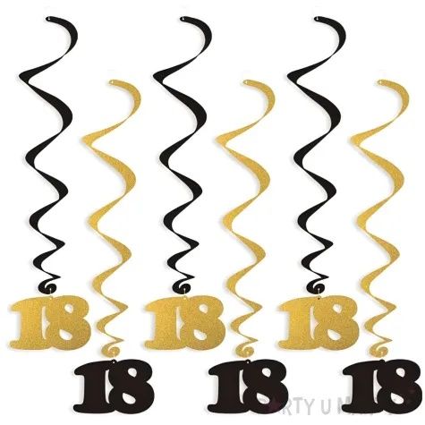 Dekoracje na 18 urodziny, świderki wiszące "Liczba 18", czarno-złote,