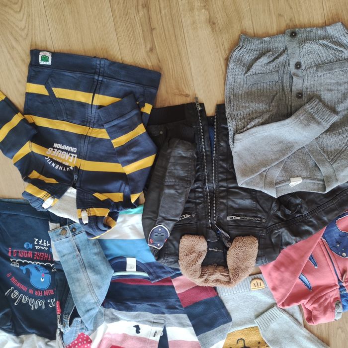 Zestaw ubrań: spodnie, sweter, bluza, kurtka 86 i 92