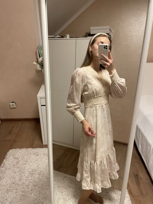 Сукня шифонова бежева квіткова, s, осінь- літо з довгим рукавом