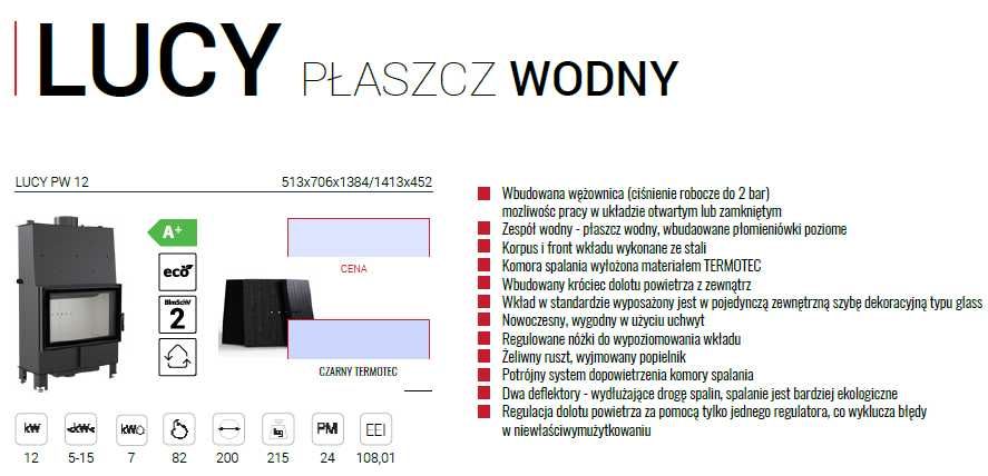 wkład kominkowy Lucy 12 PW płaszcz wodny KRATKI 10 lat gwarancji